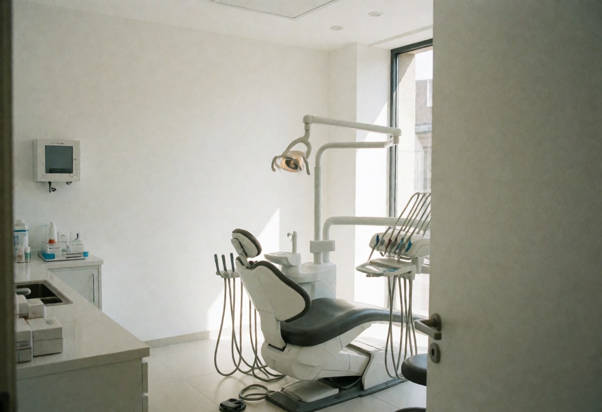 Modern and clean dental clinic room with dental chair, surgical light and medical equipment in a white and tidy environment.