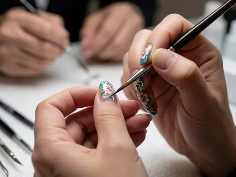 Professional manicure with detailed floral design on nails, using brush and polish.