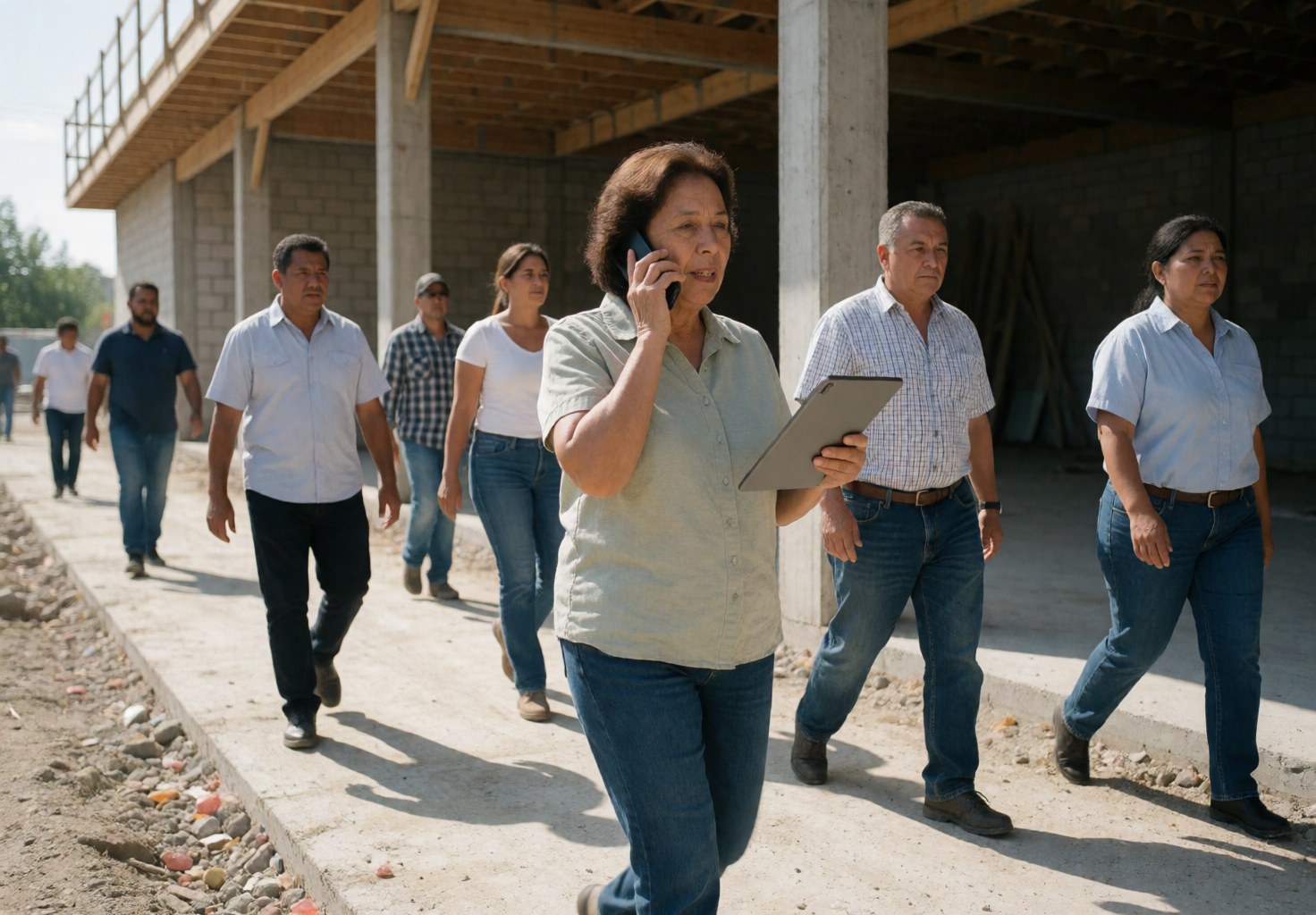 A woman walks on a construction site with a tablet and phone, leading a group of workers.