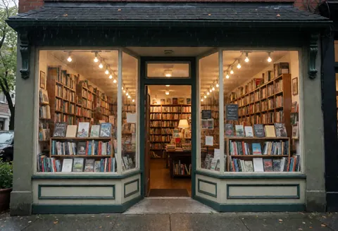 Bookstore storefront featuring large windows filled with books and warm lights creating a cozy atmosphere on a rainy day