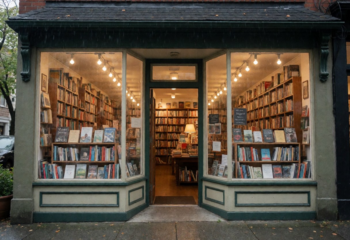 Bookstore storefront featuring large windows filled with books and warm lights creating a cozy atmosphere on a rainy day