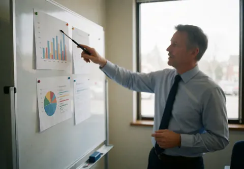 A man in a shirt and tie pointing at charts on a whiteboard with paper clips, in an office with a window.