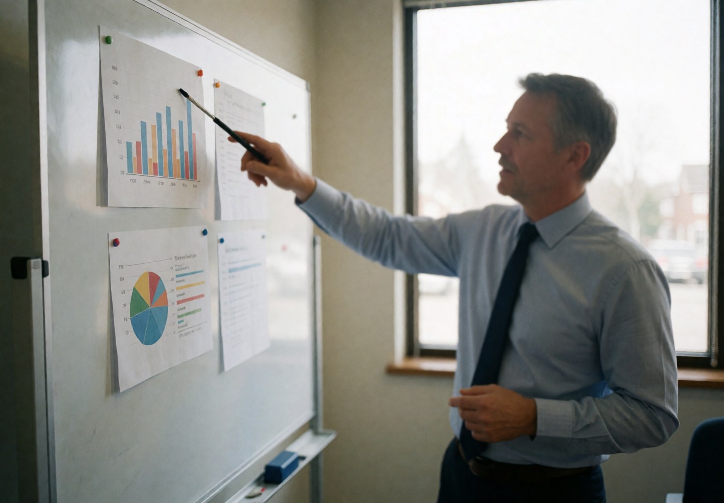 A man in a shirt and tie pointing at charts on a whiteboard with paper clips, in an office with a window.