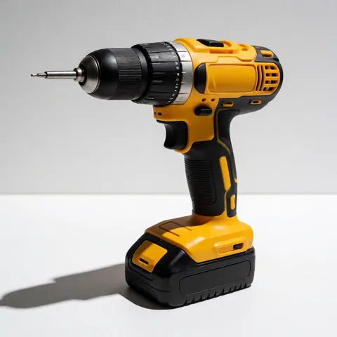 Yellow and black electric drill on white surface, power tool for DIY and construction.