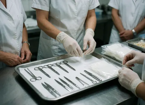 Medical staff in white uniforms and gloves organizing surgical instruments on a metal tray in a clinical setting.