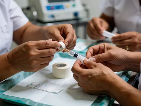 Hands of veterinary professionals preparing a syringe with medicine in a clinical setting.