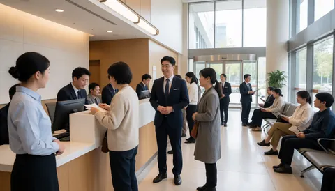 A client meets with bank staff in a modern lobby featuring contemporary furniture and natural light for a professional atmosphere