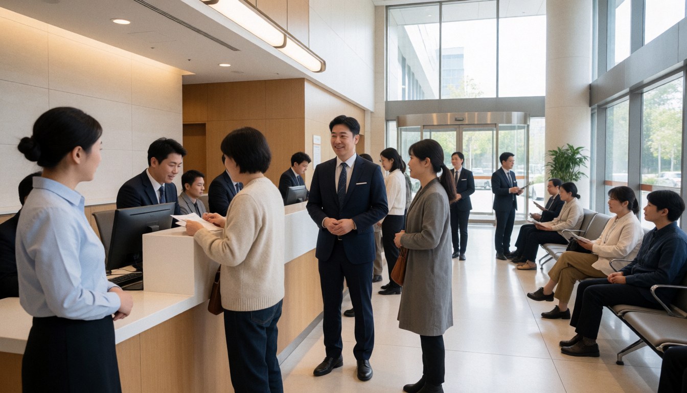 A client meets with bank staff in a modern lobby featuring contemporary furniture and natural light for a professional atmosphere