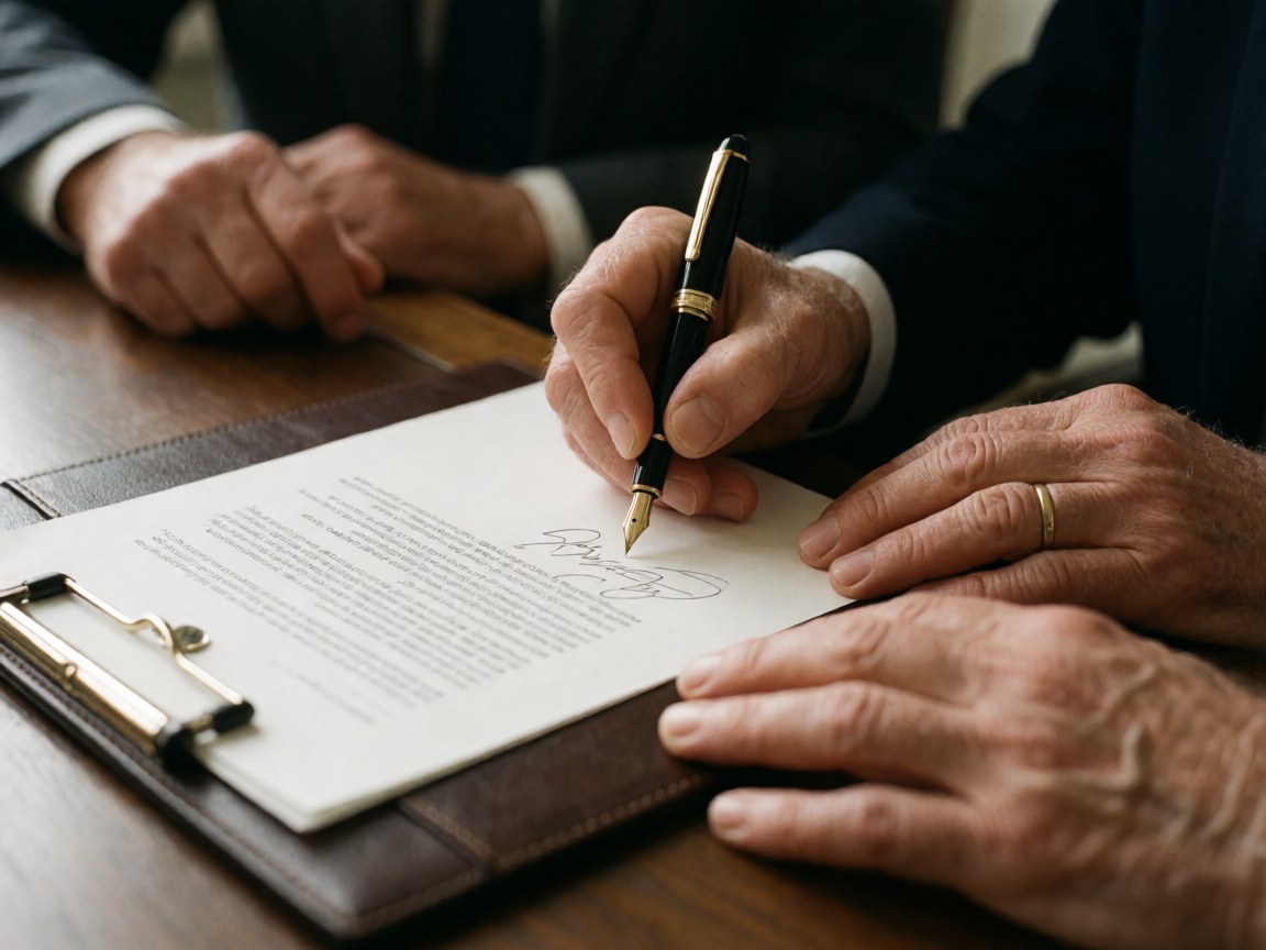 Close-up of an adult hand signing a document with an ink pen on a leather folder placed on a wooden desk, with another hand resting nearby.