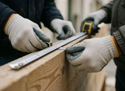 Close-up of gloved hands using a tape measure to check the dimensions of a wooden beam at a construction site.