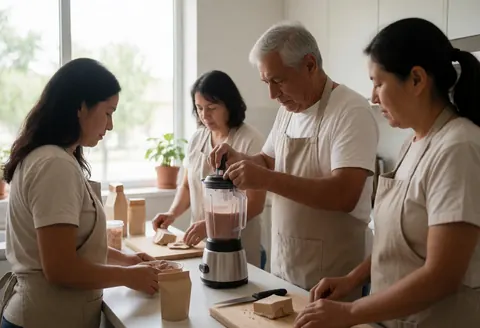 An older man wearing an apron blends a smoothie in a kitchen while others work nearby under natural light.