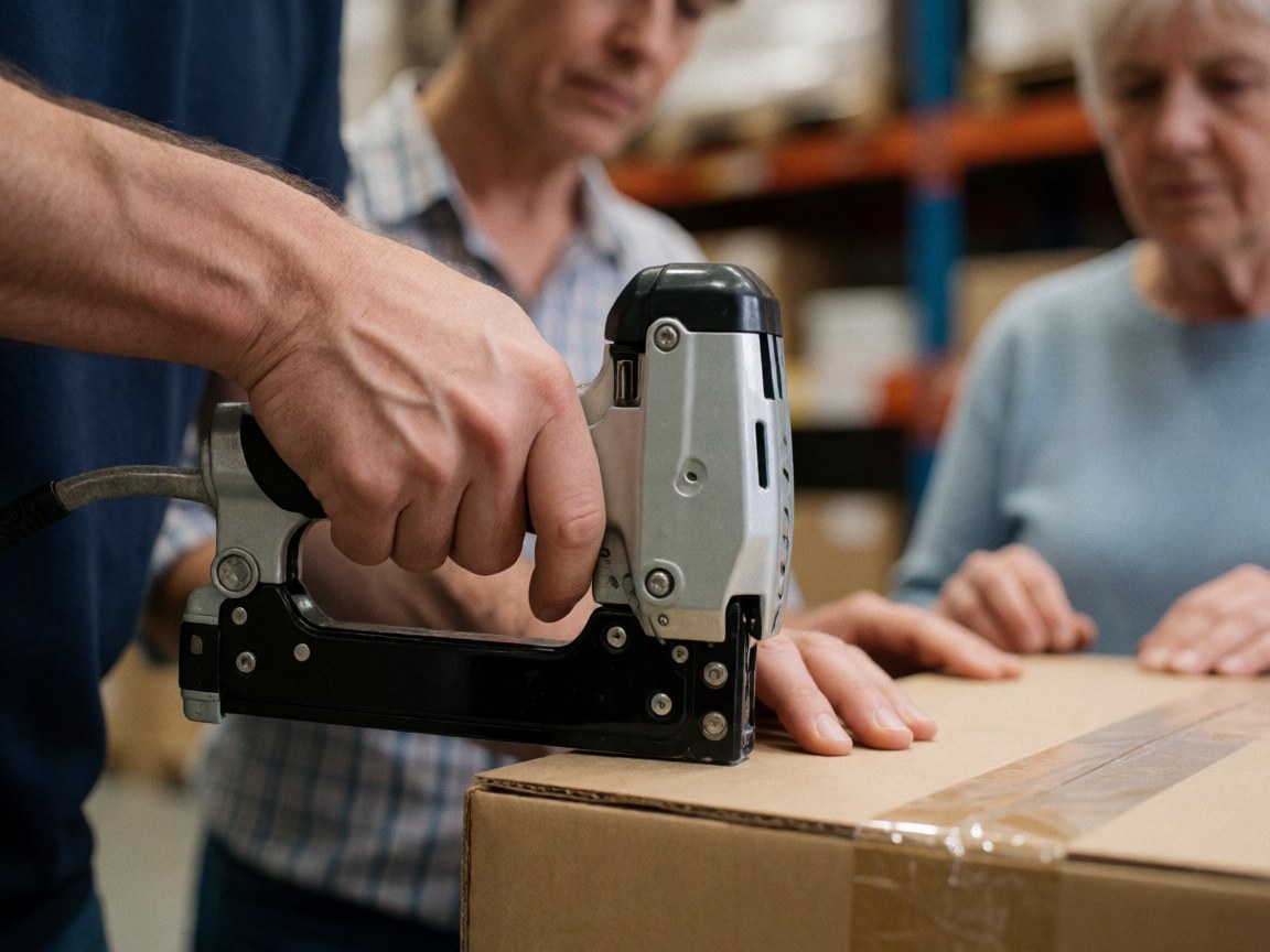 Close-up of a worker using a staple gun to seal a cardboard box during a moving process