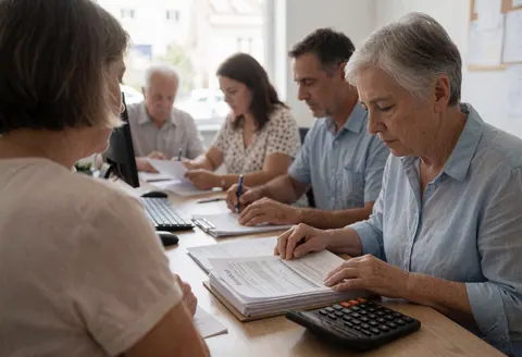 Adults reviewing insurance documents in a well-lit office with a senior woman using a calculator