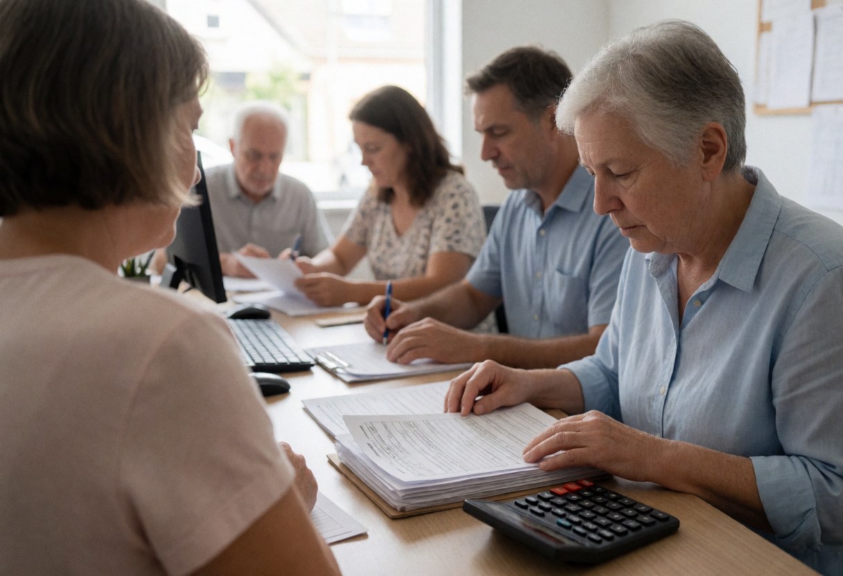 Adults reviewing insurance documents in a well-lit office with a senior woman using a calculator