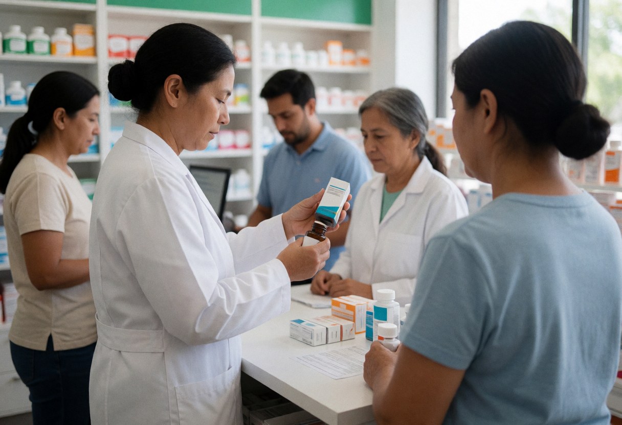 A pharmacist in a white coat serves a customer at a pharmacy counter with visible medications and boxes.