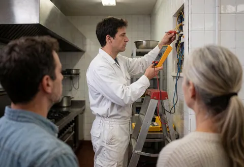 An electrician in a commercial kitchen checks electrical connections with a multimeter while two people watch.