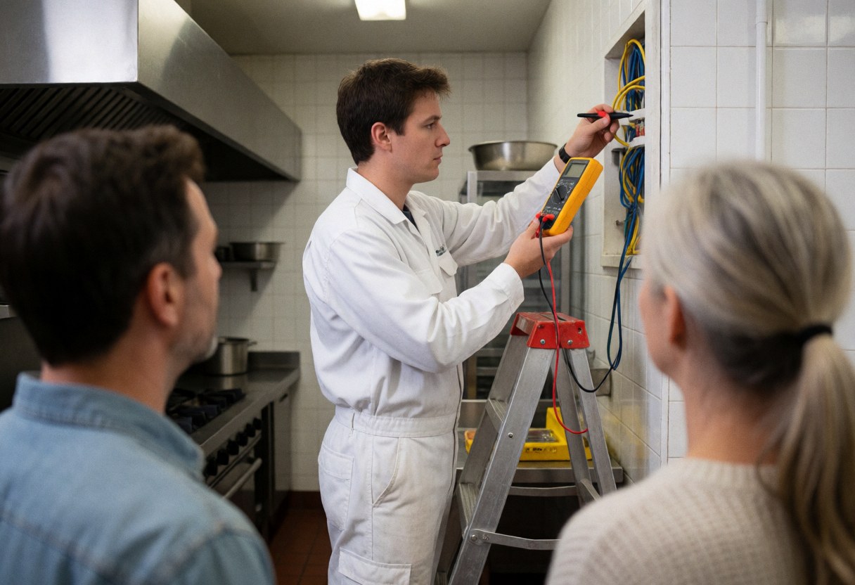 An electrician in a commercial kitchen checks electrical connections with a multimeter while two people watch.
