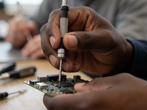 Close-up of a hand using a screwdriver to adjust components on an electronic circuit board with blurred workshop tools in the background