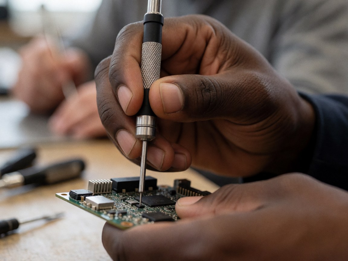 Close-up of a hand using a screwdriver to adjust components on an electronic circuit board with blurred workshop tools in the background