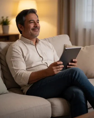 A smiling man using a tablet on a sofa in a living room, working from home.