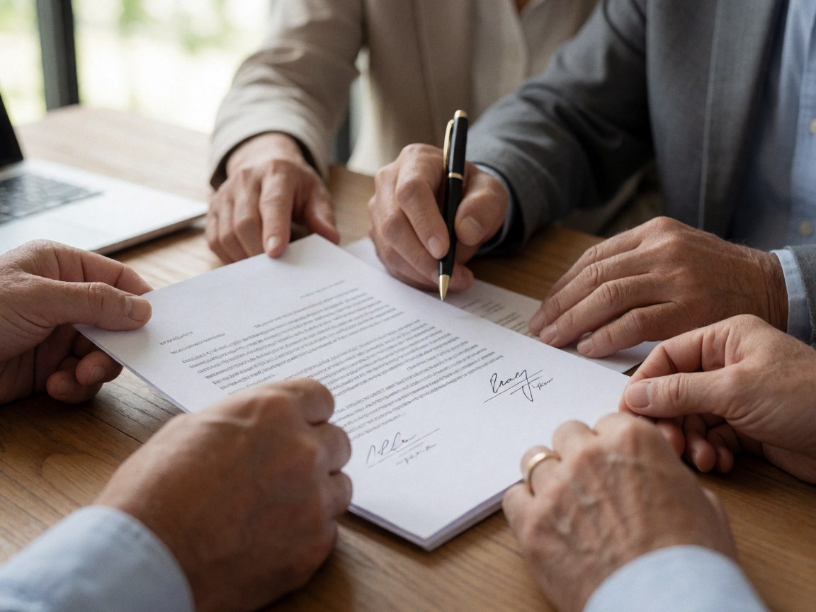 Four people signing a contract on a wooden table with a laptop nearby.