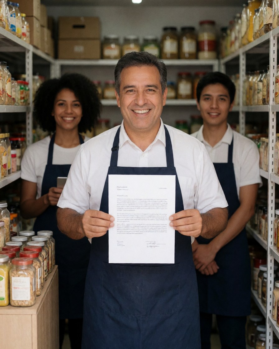 Smiling store owner holding a signed contract, with two employees behind him in a product warehouse.