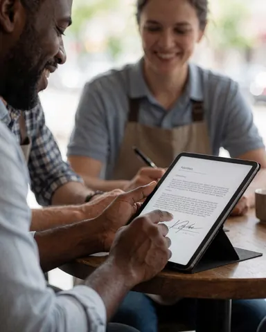 A customer signs a digital agreement on a tablet while an employee smiles in a café.