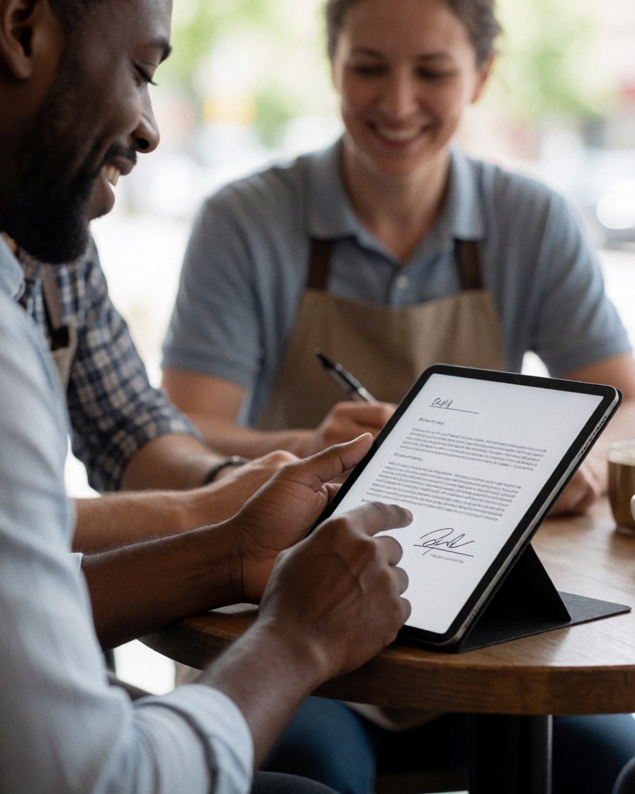 A customer signs a digital agreement on a tablet while an employee smiles in a café.