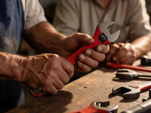 Hands working with a red wrench on a workbench with tools.