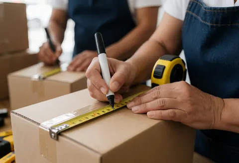 A person measures a box with a tape measure and marks it with a marker, another person works in the background with boxes.
