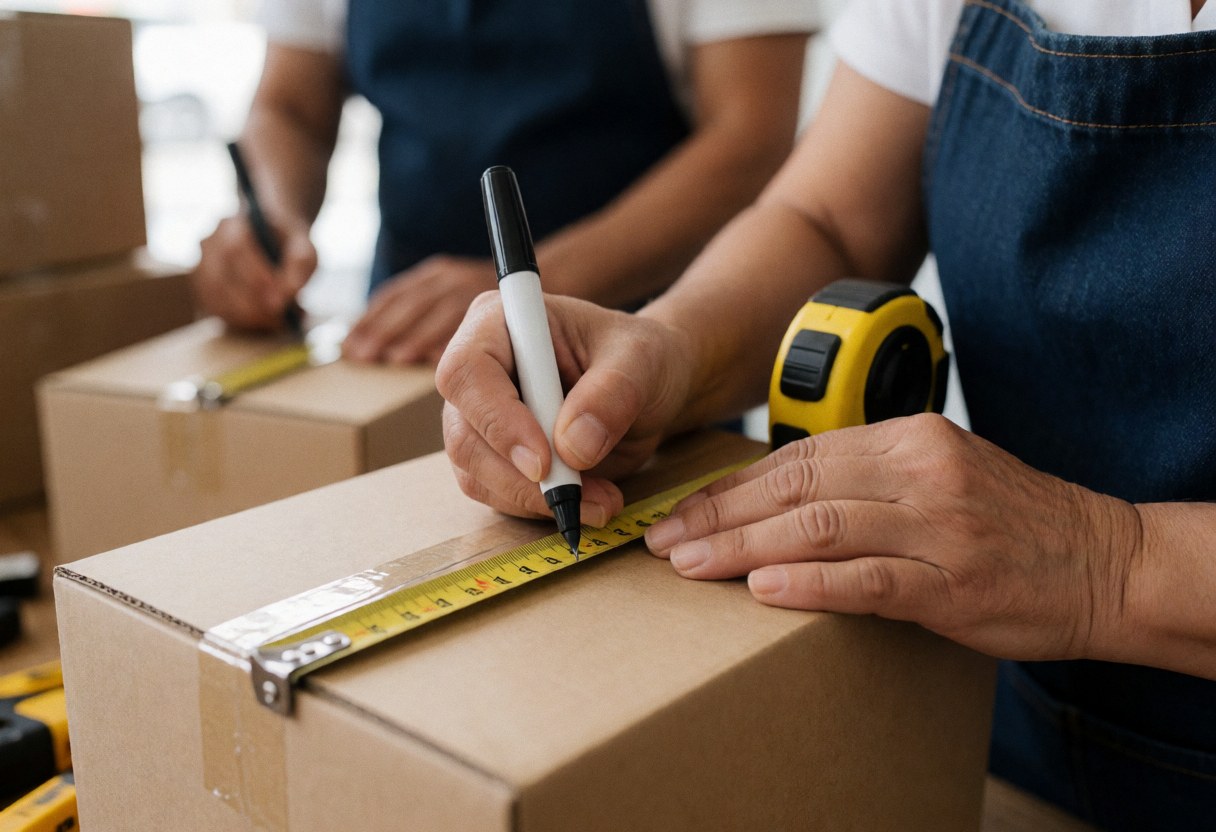 A person measures a box with a tape measure and marks it with a marker, another person works in the background with boxes.
