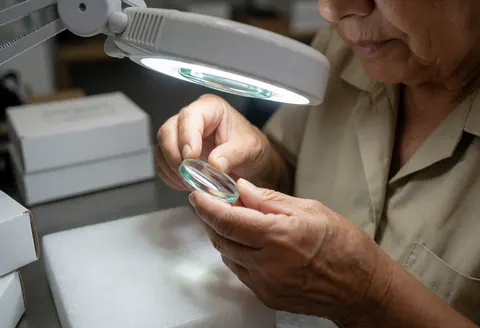An older woman inspects an optical lens with a magnifying lamp on a workbench.