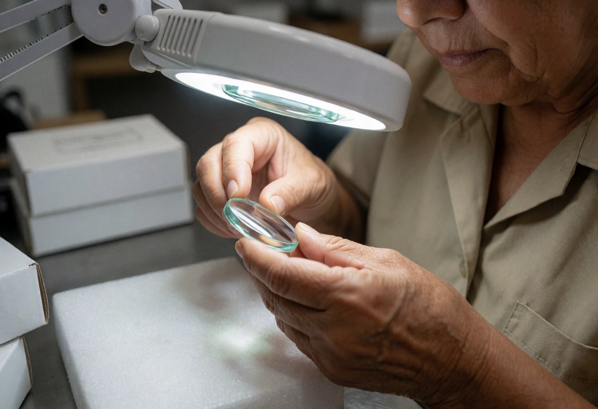 An older woman inspects an optical lens with a magnifying lamp on a workbench.