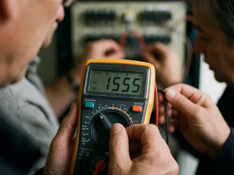 Two electricians measuring voltage with a digital multimeter on an electrical panel, showing a 1555-volt reading.