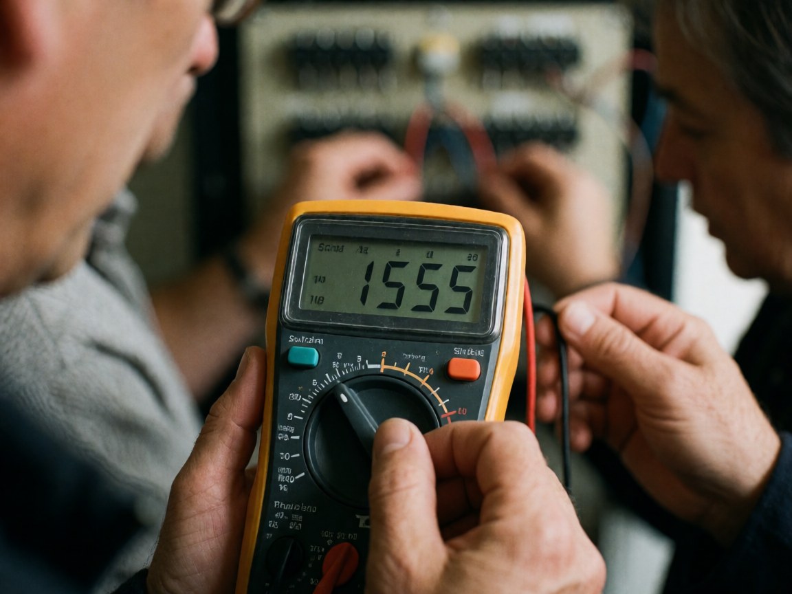 Two electricians measuring voltage with a digital multimeter on an electrical panel, showing a 1555-volt reading.