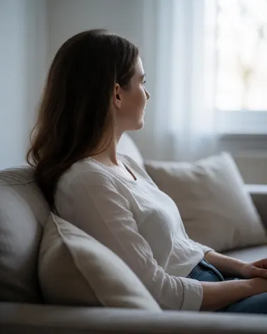 A young woman sitting on a white sofa in a living room, looking out a window with a calm expression, natural light.