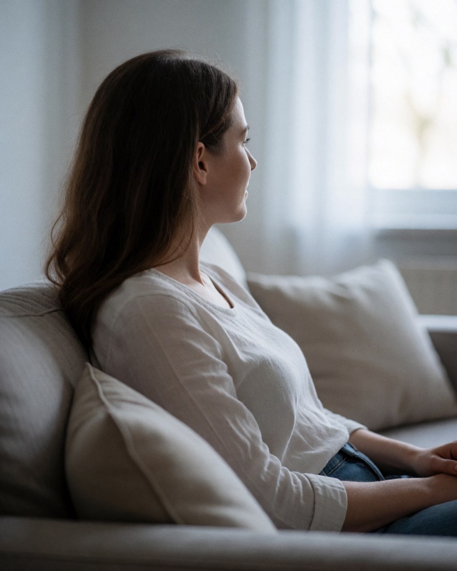 A young woman sitting on a white sofa in a living room, looking out a window with a calm expression, natural light.