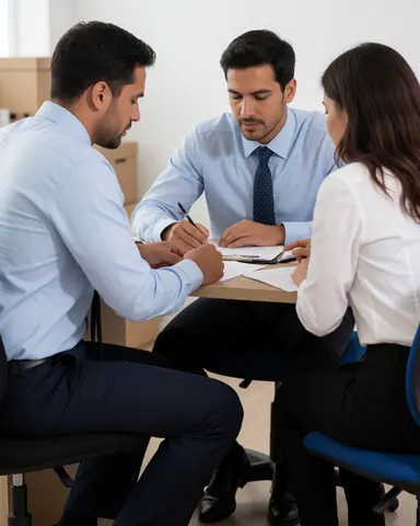 Three professionals seated at a table reviewing and signing documents with pens in an office.