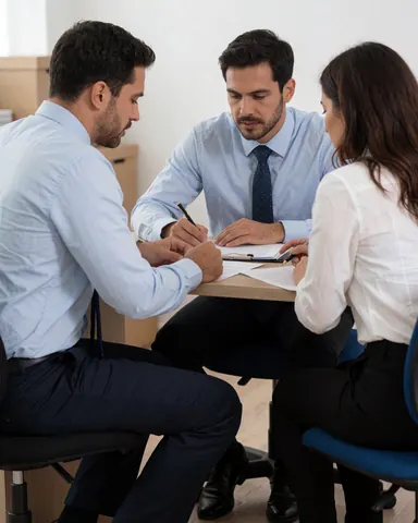Three professionals in a business meeting reviewing documents at an office desk.