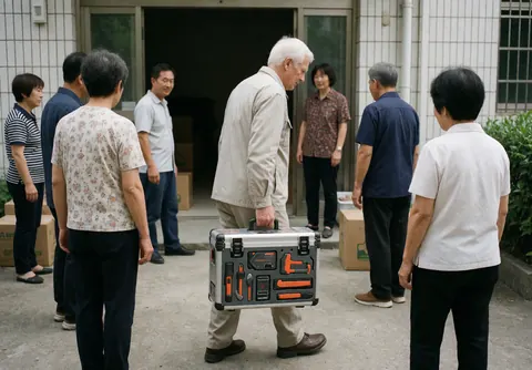 A senior technician carries a tool kit while clients watch his arrival for an outdoor installation service.