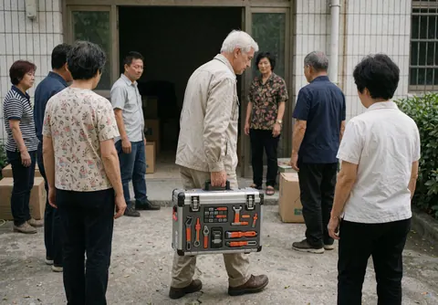 An older technician carrying a tool kit walks among people in an outdoor courtyard.