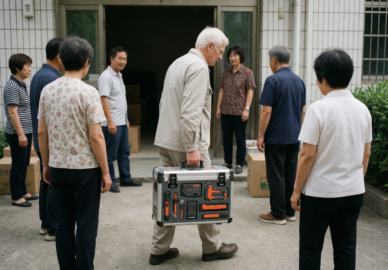 A senior technician carries a tool kit while clients watch his arrival for an outdoor installation service.