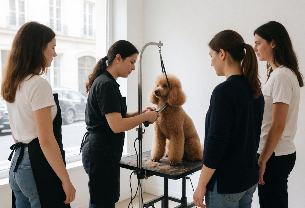 A groomer trims a puppy's fur in a dog grooming salon while others watch.