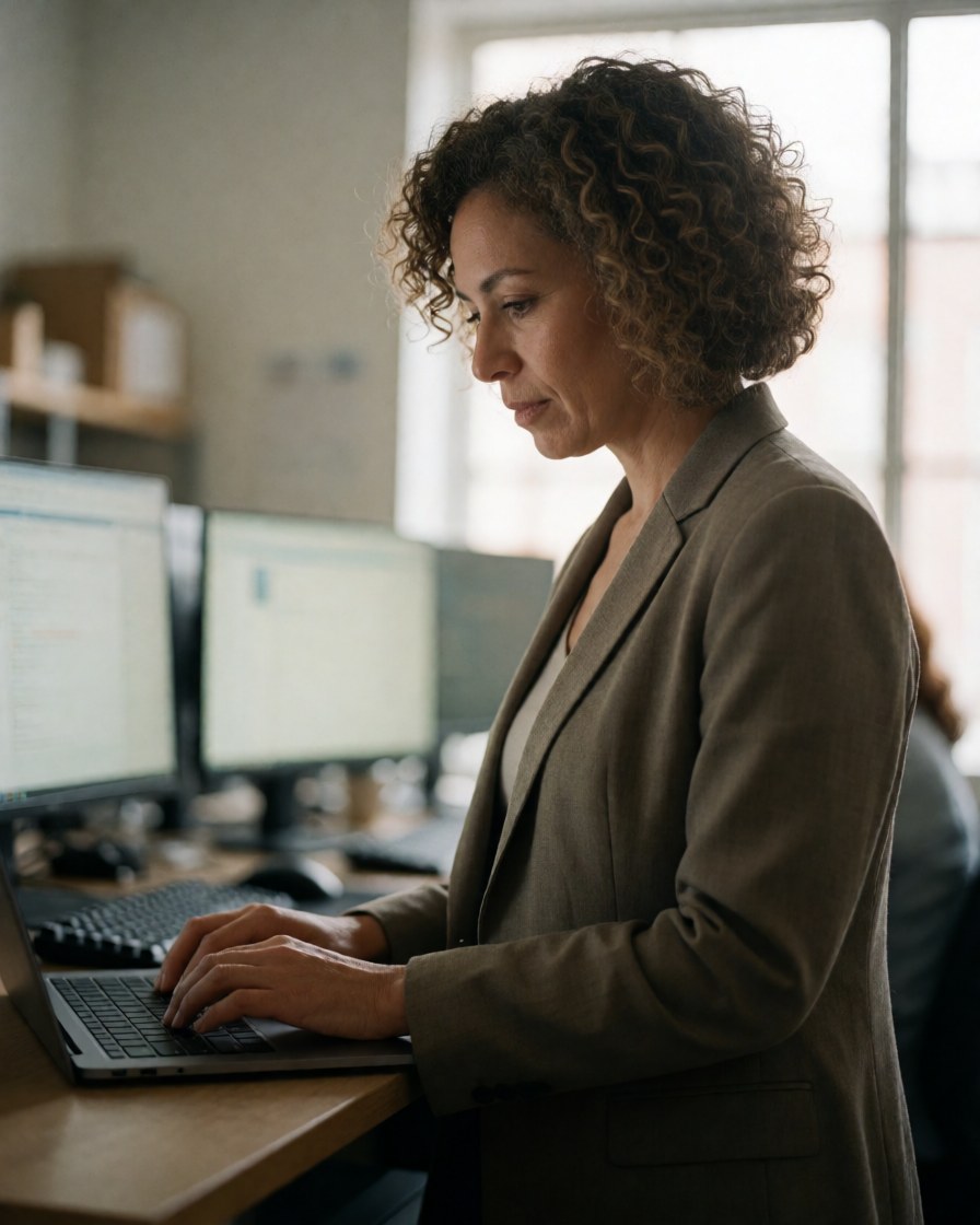 A woman with curly hair works on a laptop at an office desk.