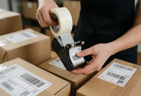 Close-up of a hand applying a shipping label to a taped package with other orders ready for dispatch in an online store