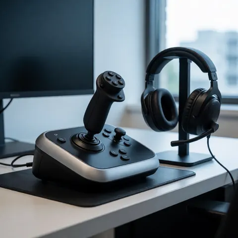 Driving simulator controller and professional headphones resting on a white desk in a modern office with natural light