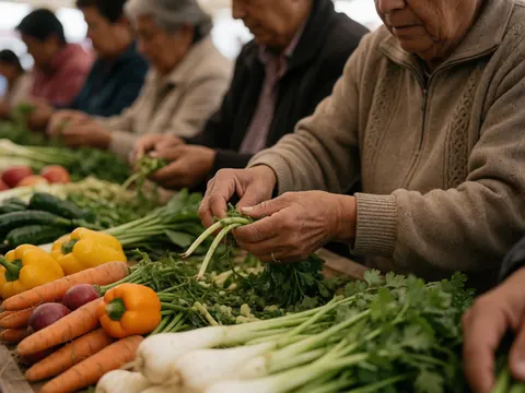 Close-up of elderly hands handling fresh peppers, carrots, and cilantro under natural light at a community gathering