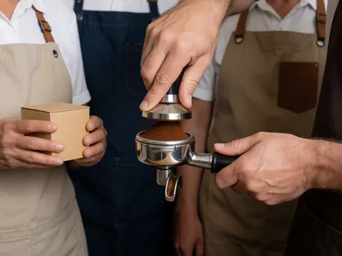 Close-up of barista tamping coffee grounds in a metal portafilter with bright professional lighting and staff in aprons in the background