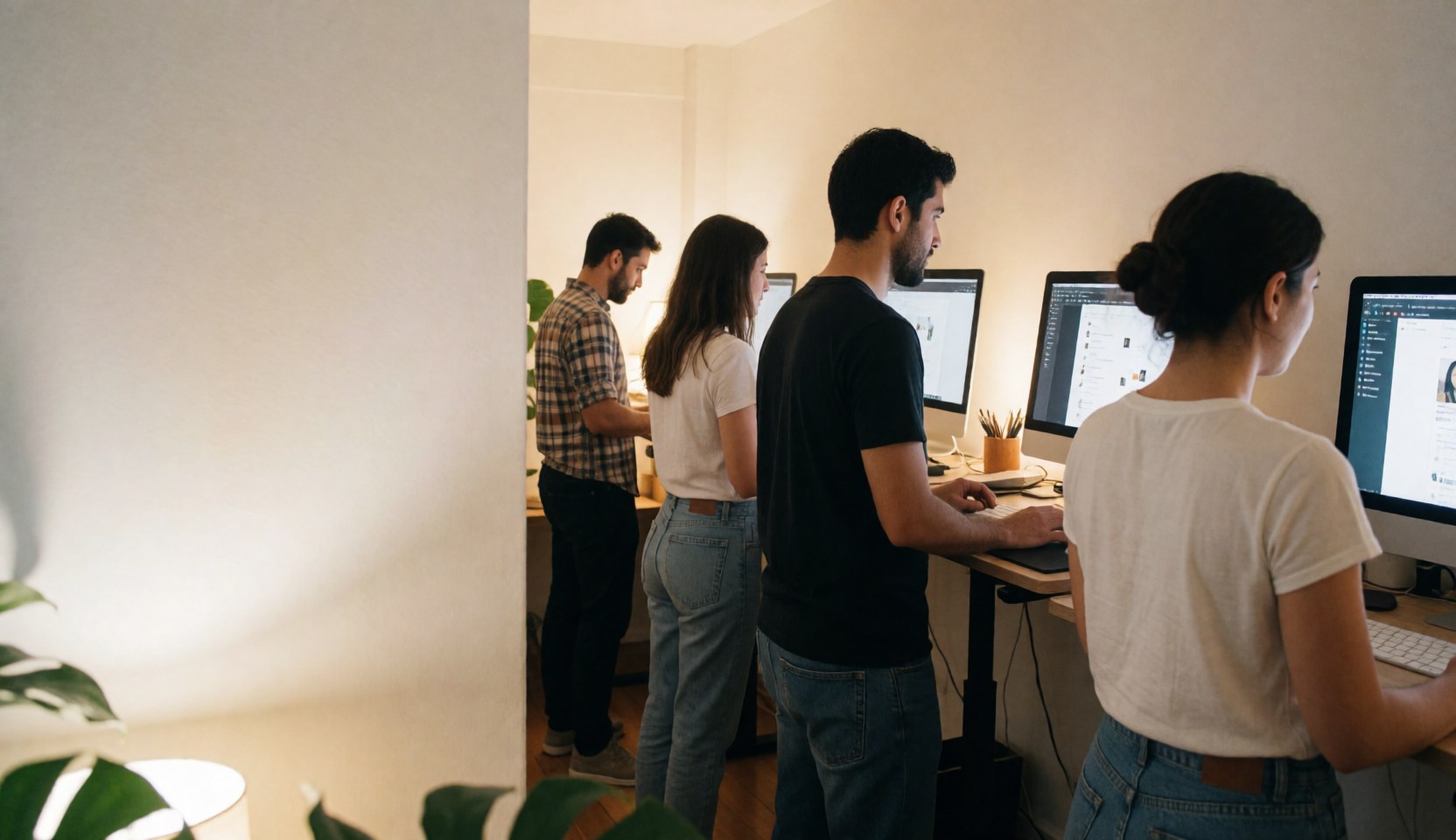 Four designers standing at computers in a modern office with warm lighting and plants