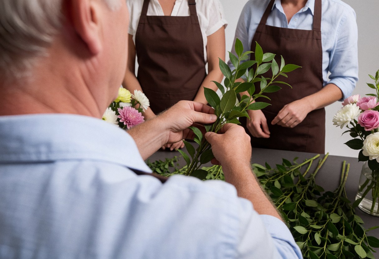 A man wearing an apron arranges a flower bouquet while two women stand in the background of a realistic florist scene
